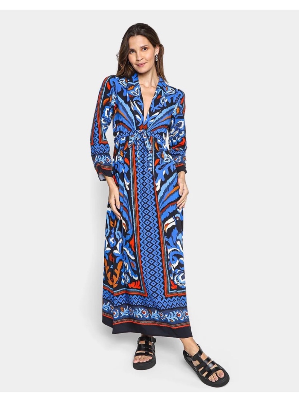 Blue Patterned Long Sleeve Maxi Dress